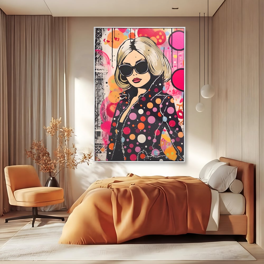 Tablou canvas cu tablou canvas cu portret pop art, in rama de aluminiu argintiu, pe perete intr-un dormitor